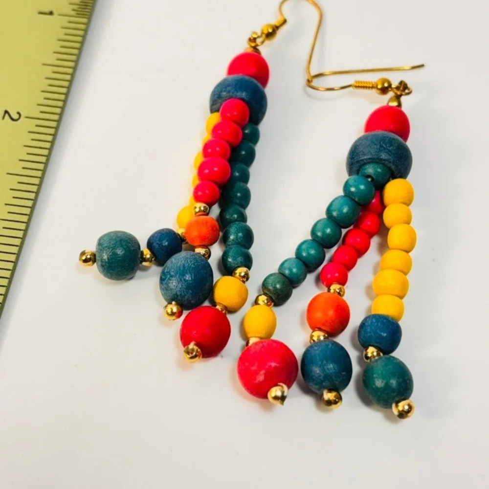 Vintage Beaded Drop Earrings Multi Color Wood Bead Boho Statement Dangle Jewelry